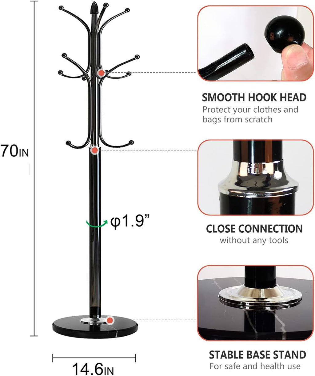 Kertnic Freestanding Coat Rack Stand, Heavy Duty Metal Hall Tree with 12 Hooks, 70 Inch Tall Stable Coat Hanger with 14.6" Natural Marble Base, Entryway Organizer for Coats Bags Hats Purses (Black)