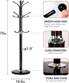 Kertnic Freestanding Coat Rack Stand, Heavy Duty Metal Hall Tree with 12 Hooks, 70 Inch Tall Stable Coat Hanger with 14.6" Natural Marble Base, Entryway Organizer for Coats Bags Hats Purses (Black)