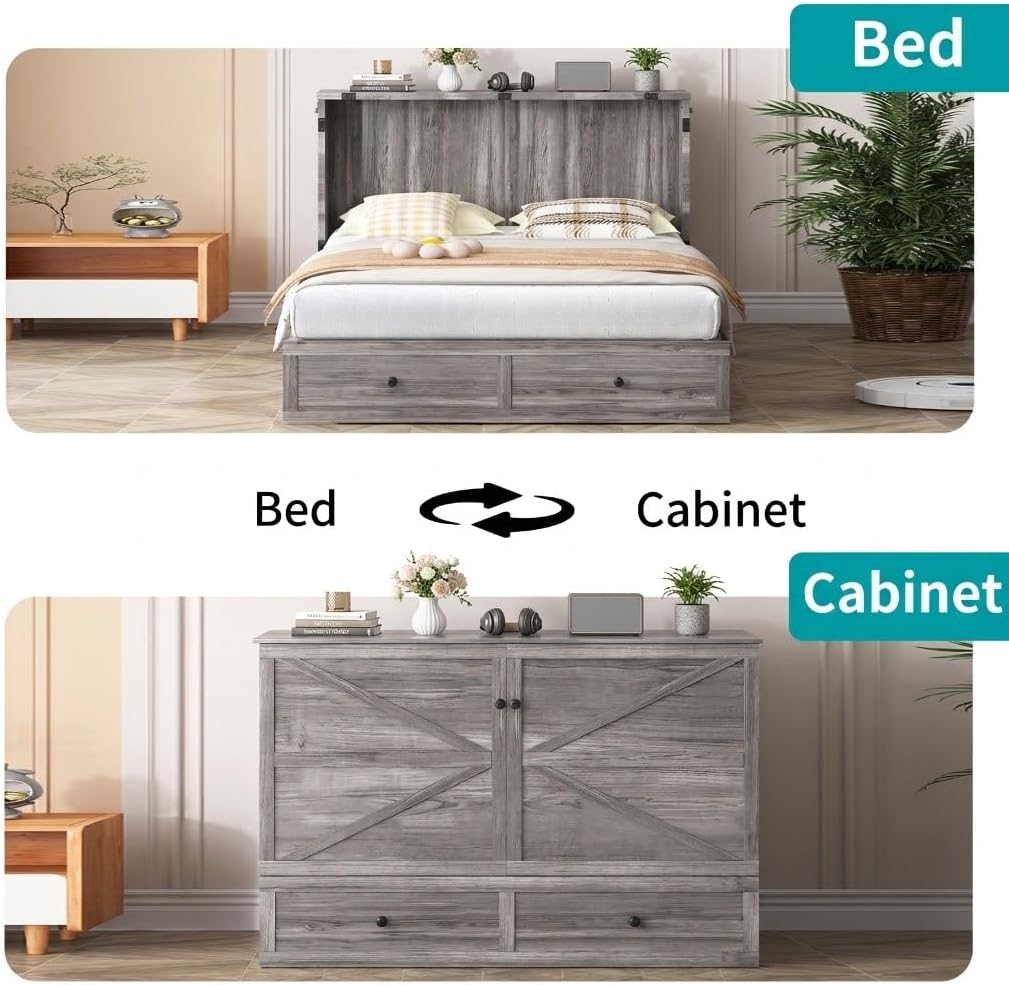 BALUS 57" Width Murphy Bed with Mattress, Full Size Cabinet Bed Frame with USB Charging Station & Large Storage Drawer, Full Murphy Bed, Cabinet Beds for Bedroom/Guest, Dark Grey