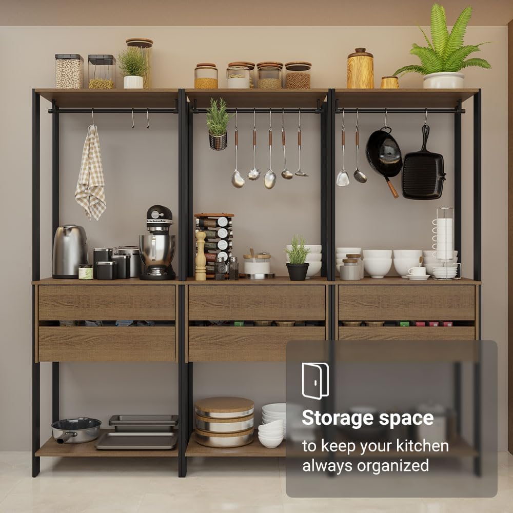Madesa Kitchen Pantry Storage Rack with 6 Drawers and Hanging Spaces 82" L Multiuse Modular Cabinet for Kitchen Organization (Black/Brown)