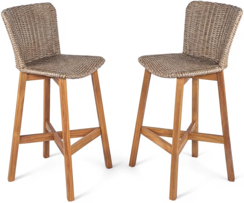 Saiveina Lymington Outdoor Bar Stool, Teak Finished Wood with Light Brown Wicker, Set of 2