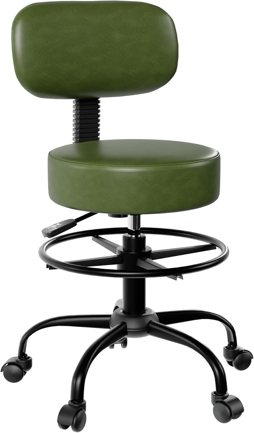 Drafting Chair with Back Support, Adjustable Foot Rest Rolling Stool, 360° Swivel Office Desk Chair with Wheels, Thick Seat Cushion for Home Bar Salon Tattoo Shop (1, Green)