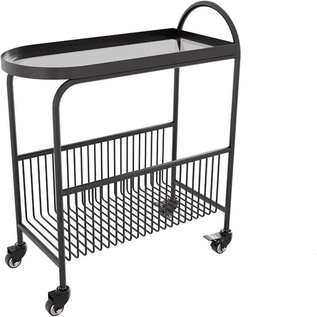 Small Sofa Side Table End Table with Wheels, 2-Tier Utility Rolling Cart Storage, Mobile Trolley Organizer with Handle (Color:A-Black)
