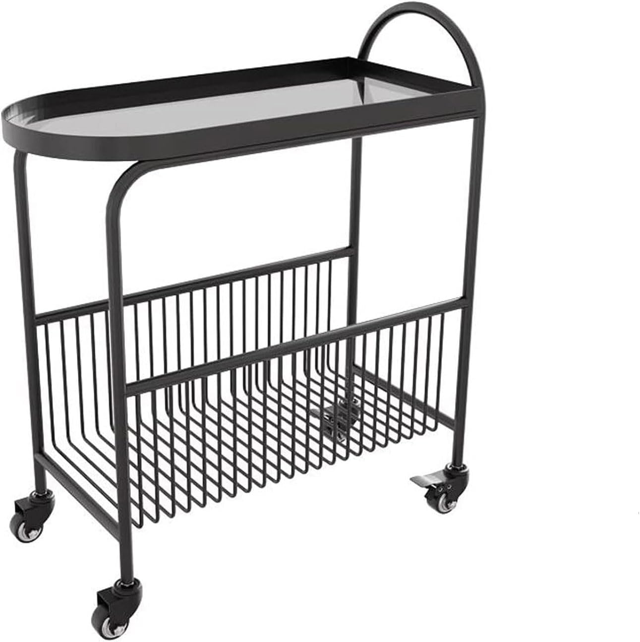 Small Sofa Side Table End Table with Wheels, 2-Tier Utility Rolling Cart Storage, Mobile Trolley Organizer with Handle (Color:A-Black)