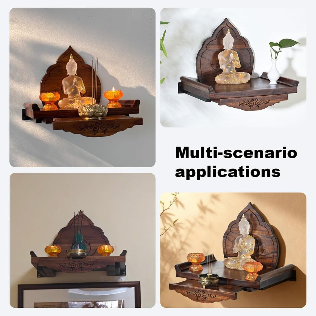 Wall Mounted Shrine Buddhist Altar, Personal Shrine Stand with Retractable Pull Plate, Wood Prayer Meditation Table for Living Room, Bedroom, Office