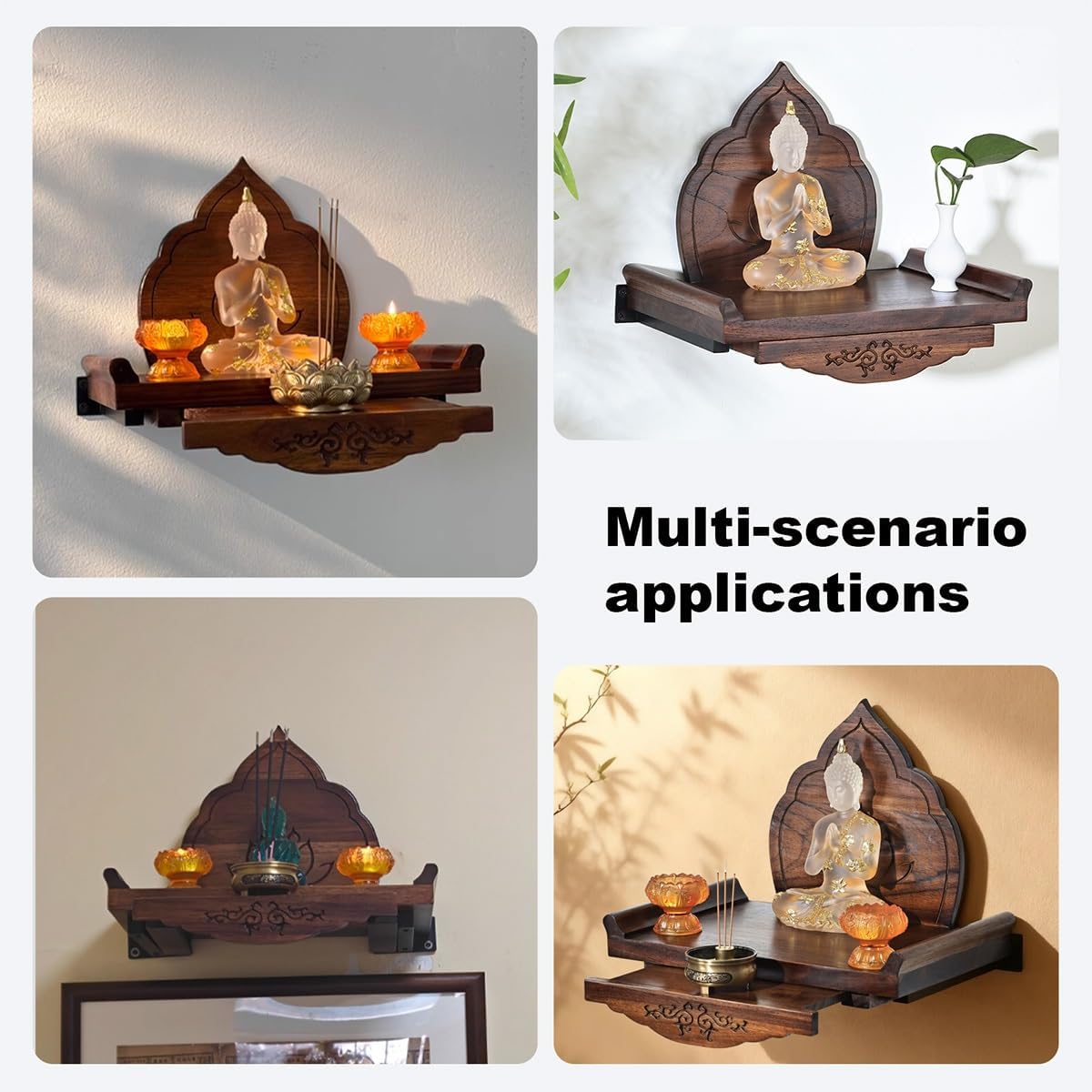 Wall Mounted Shrine Buddhist Altar, Personal Shrine Stand with Retractable Pull Plate, Wood Prayer Meditation Table for Living Room, Bedroom, Office