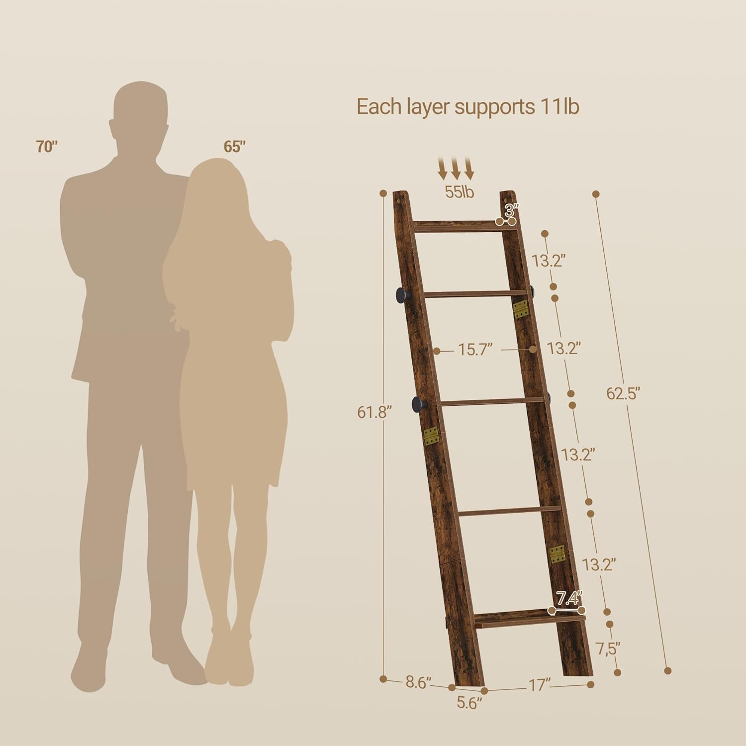 Hzuaneri Blanket Ladder for Living Room, Decorative Quilt Rack with 4 Removable Hooks, 5-Tier Blanket Ladder Shelf for Bedroom,Rustic Brown BR30501X