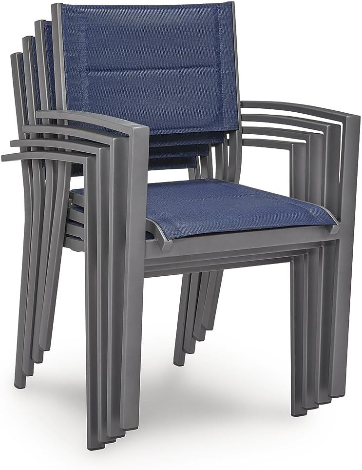 Signature Design by Ashley Point Bonita Set of 4 Outdoor Chairs with Padded Sling Seat, Stackable Aluminum Lounge Chairs for Patio and Porch Seating, Gray Frame with Blue Sling