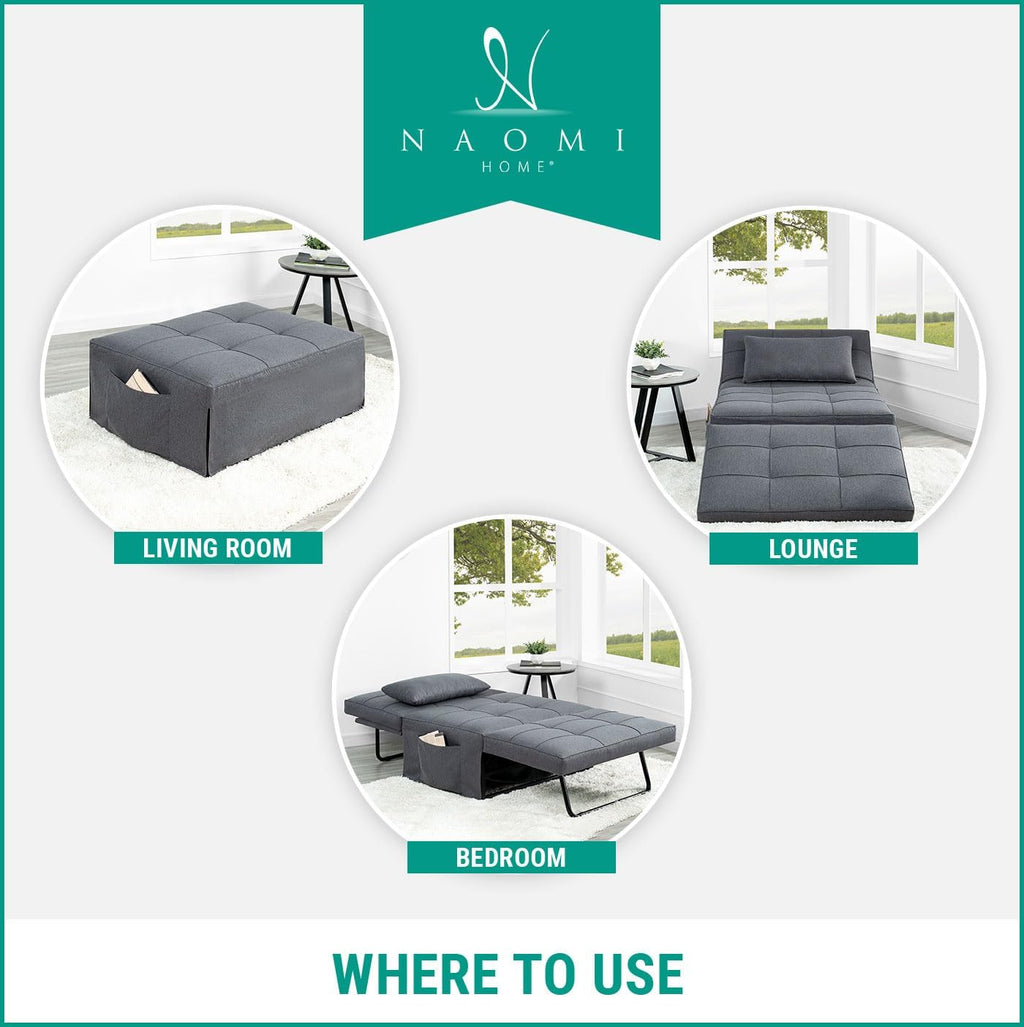 Naomi Home 4-in-1 Folding Chair Bed, Space-Saving Convertible Sleeper Sofa for Apartments & Guest Rooms, Adjustable Backrest, Linen Fabric, Includes Support Pillow in Gray