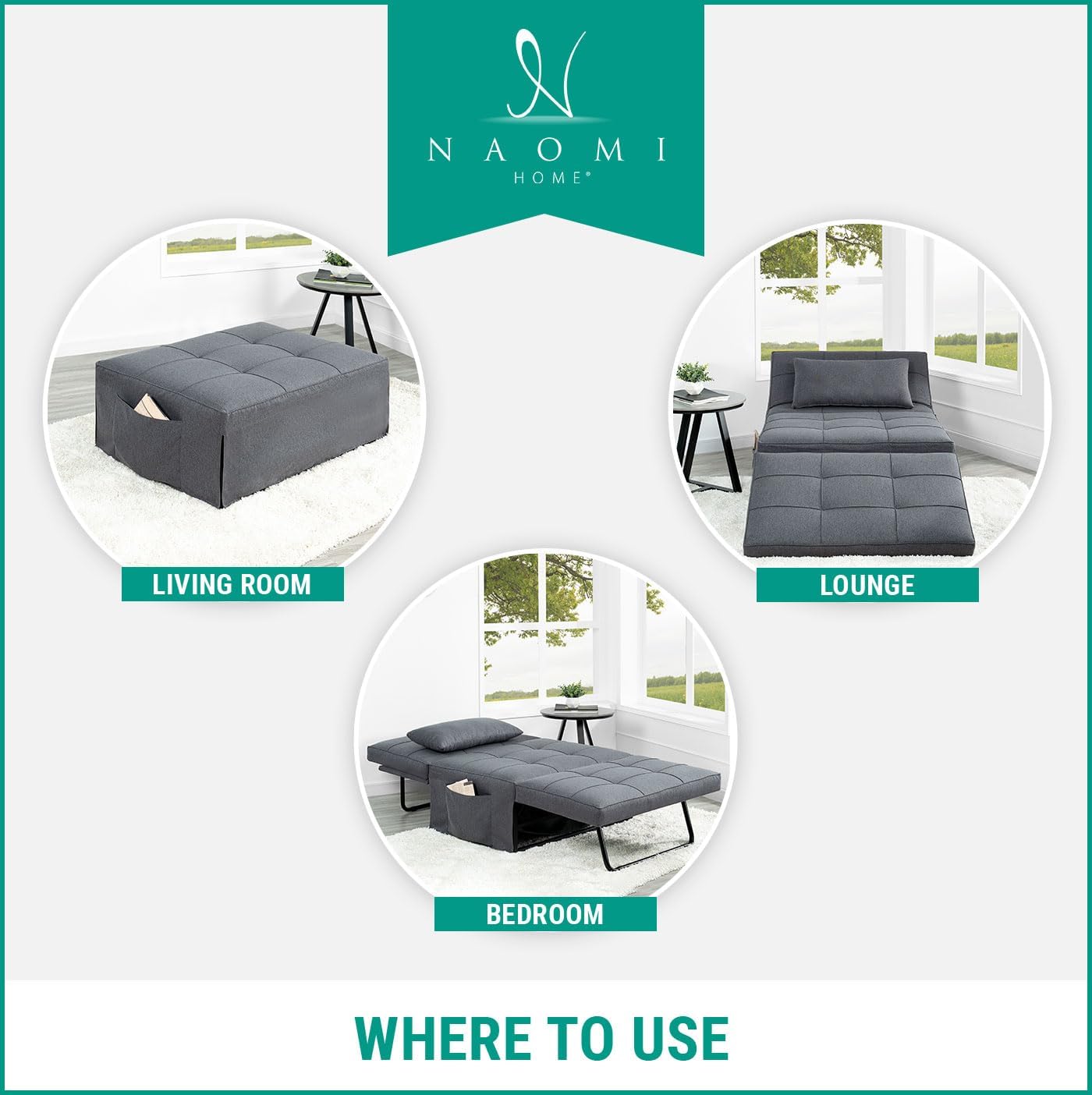 Naomi Home 4-in-1 Folding Chair Bed, Space-Saving Convertible Sleeper Sofa for Apartments & Guest Rooms, Adjustable Backrest, Linen Fabric, Includes Support Pillow in Gray