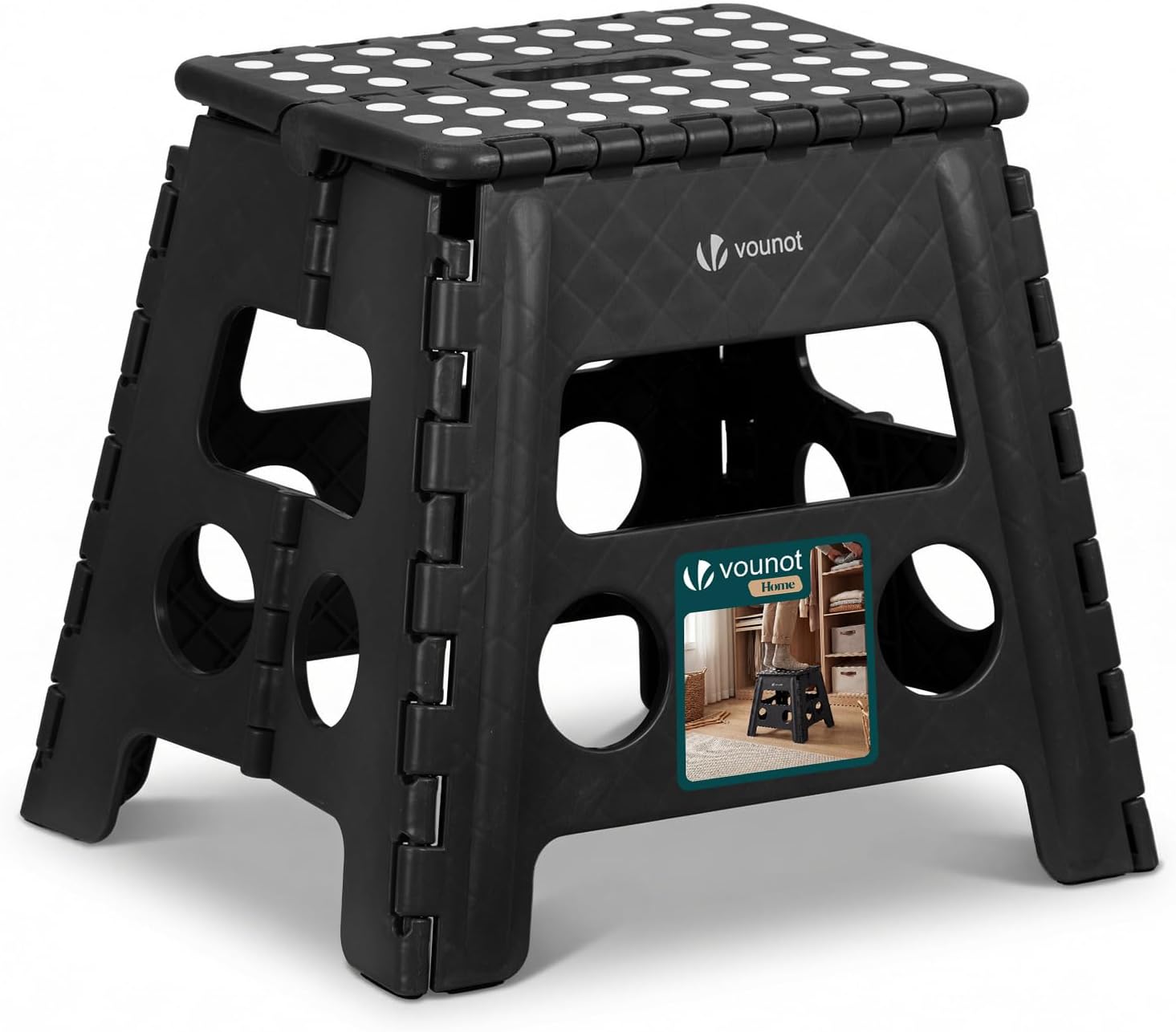 VOUNOT® Folding Step Stool, Portable Stepping Stool with Carrying Handle, Anti-Slip Folding Stool for Bathroom, Garden, Camping, Home, 37 x 30 x 32.5 cm, Black