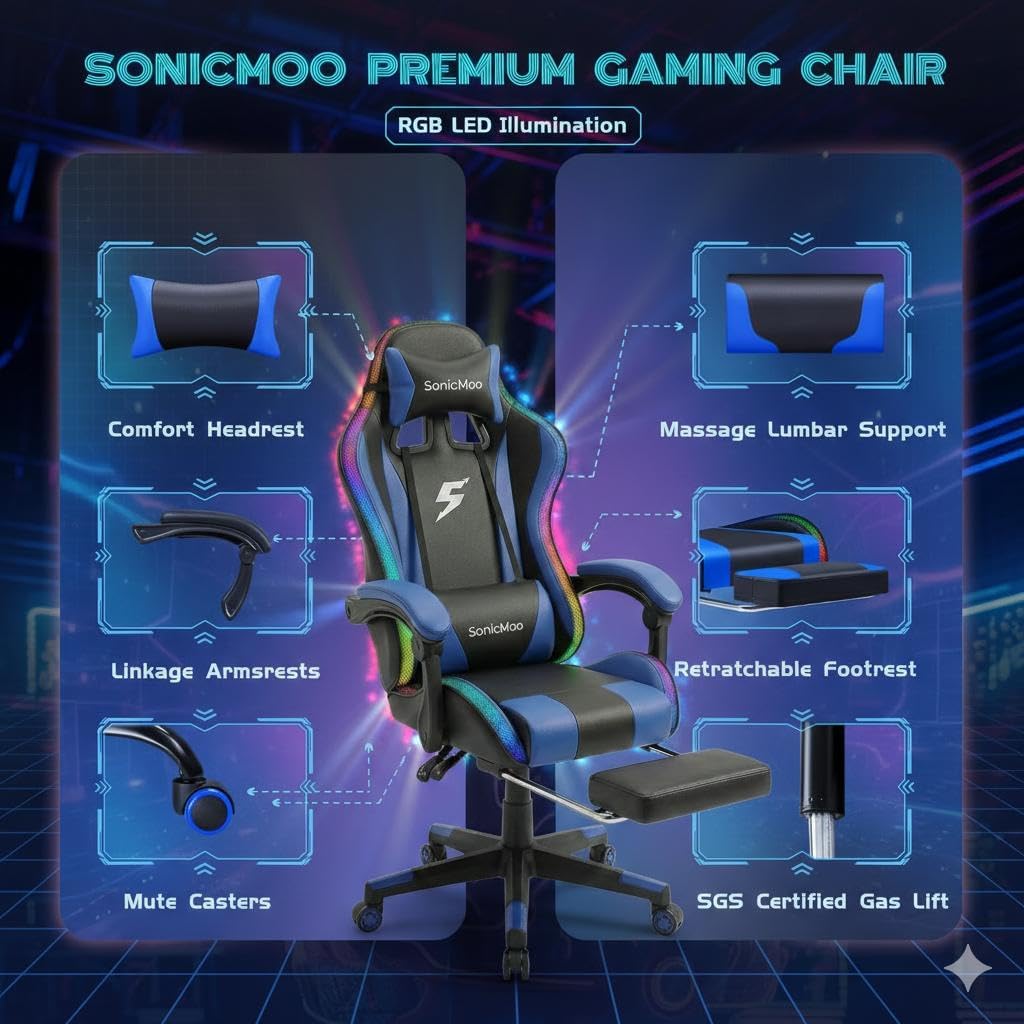 Gaming Chair with RGB LED Lights, Footrest, Lumbar Support & Headrest - High Back Reclining Swivel Computer Chair with Canopy (Blue)