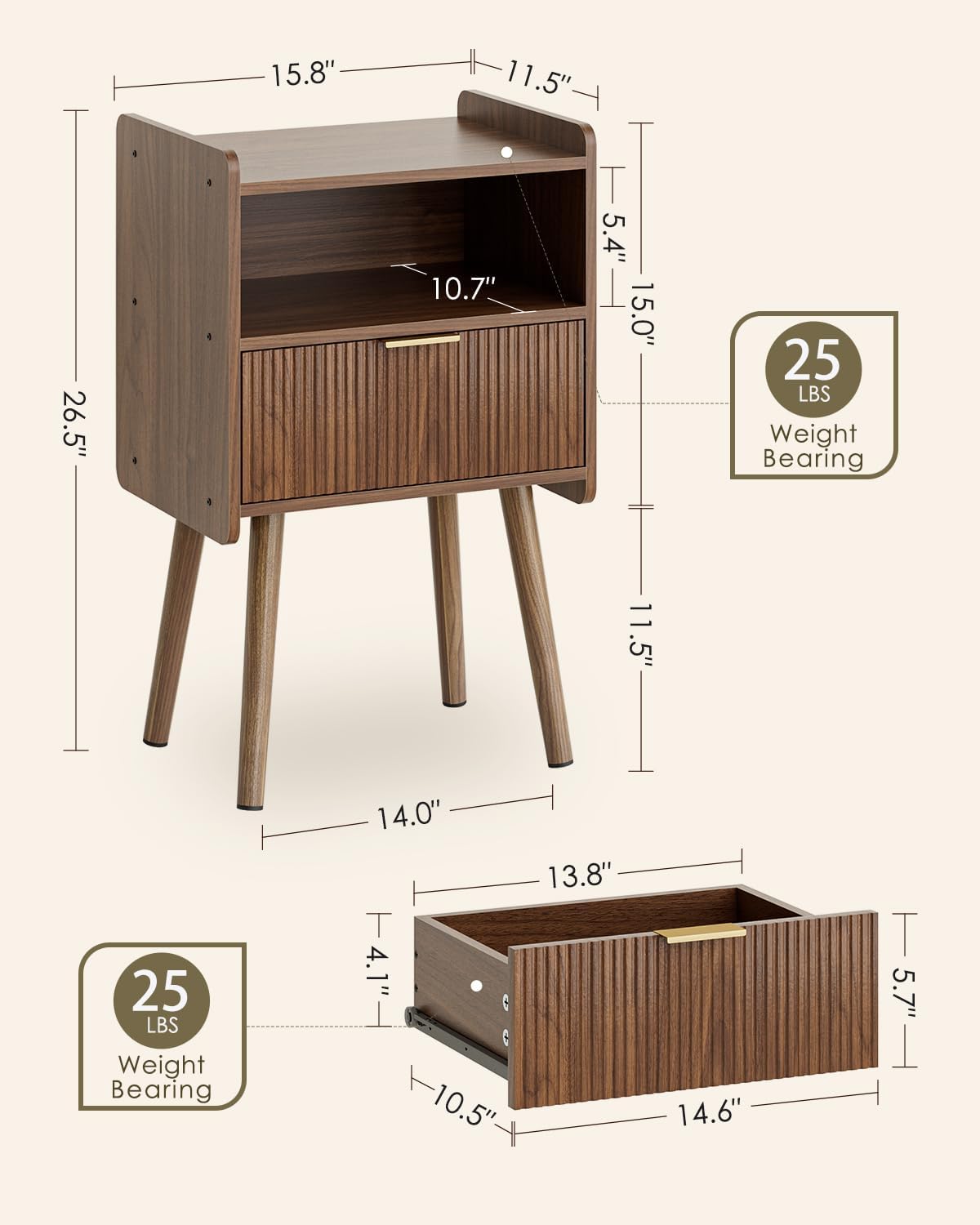 Night Stand, Modern Side Table, Small Nightstand, Wood Bedside Table with Storage Drawer End Table for Bedroom, Living Room, Office, Walnut