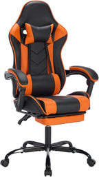 Leather Ergonomic Gaming Chair with Footrest, Comfy Orange Gaming Chair with Comfortable Headrest & Lumbar Support for Adults Women Men Boys Kids, 300 LBS Capacity (Black+Orange)