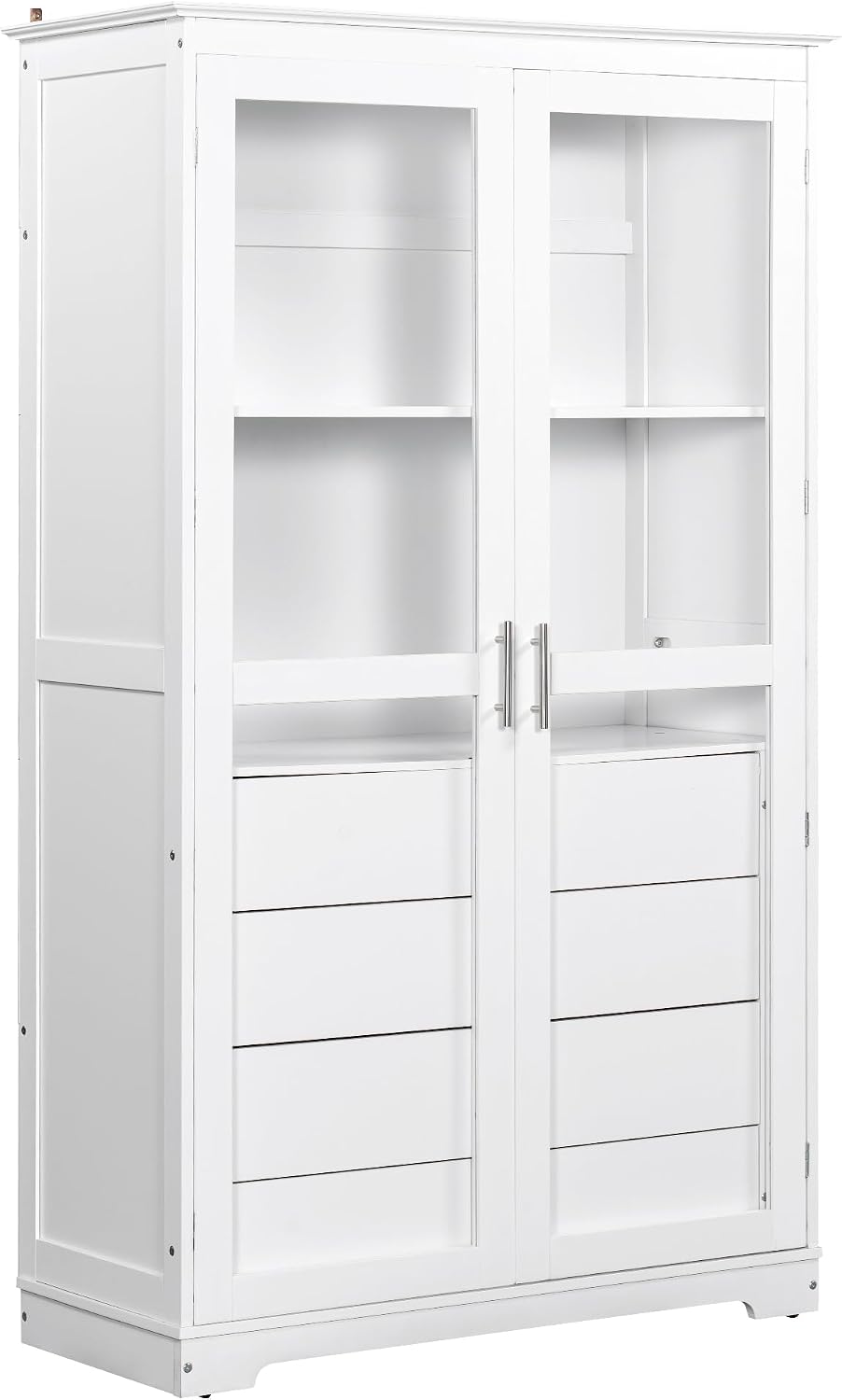 Freestanding Kitchen Pantry with Glass Doors and 4 Built-in Drawers, Large Kitchen Storage Cabinet Display Cabinet Cupboard for Dining Room, Living Room (White)