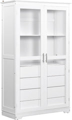 Freestanding Kitchen Pantry with Glass Doors and 4 Built-in Drawers, Large Kitchen Storage Cabinet Display Cabinet Cupboard for Dining Room, Living Room (White)