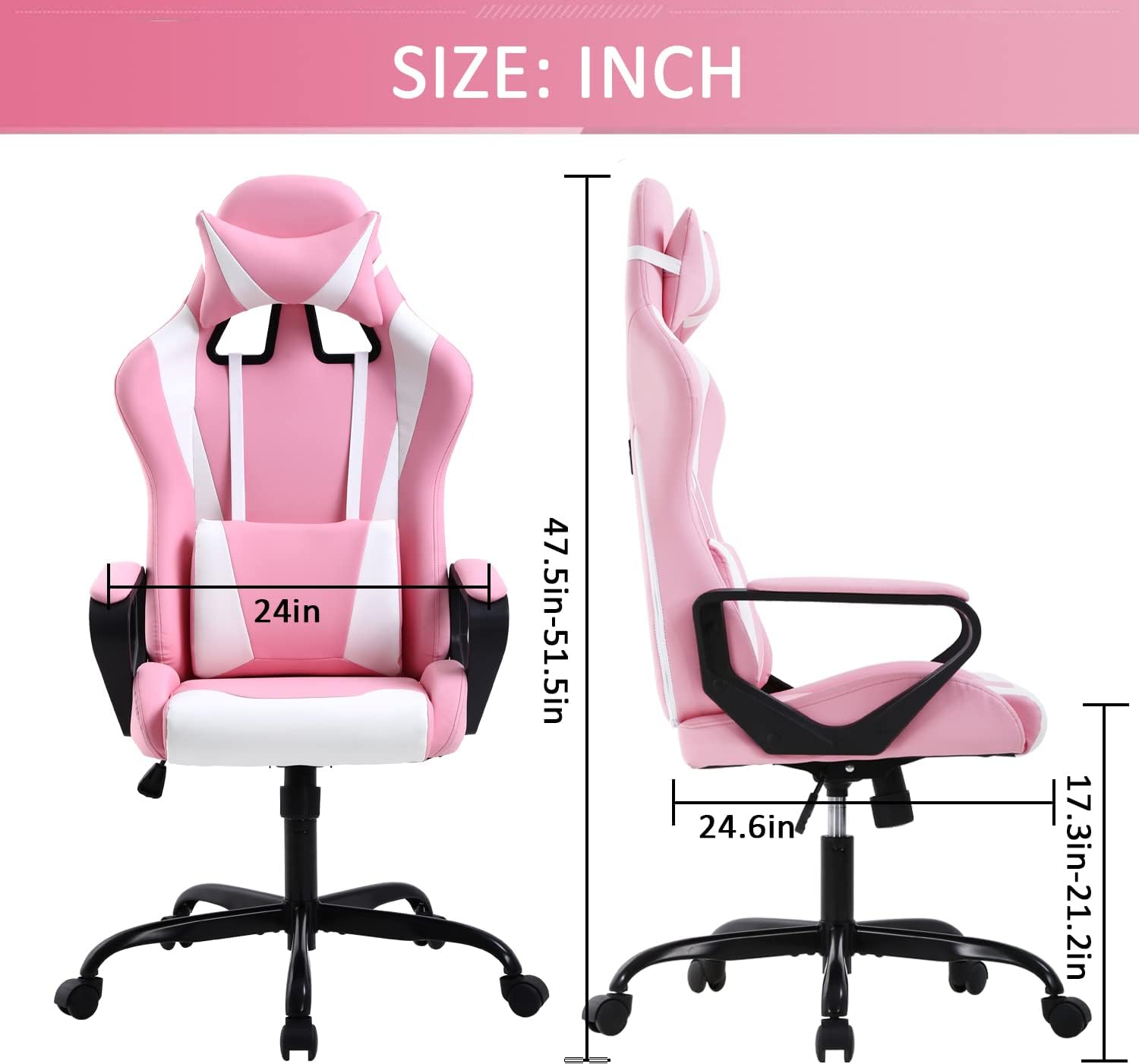 High Back Ergonomic Leather Office Chair - Adjustable Swivel Desk Chair with Lumbar Support and Headrest for Back Pain - Adults & Teens (Pink)