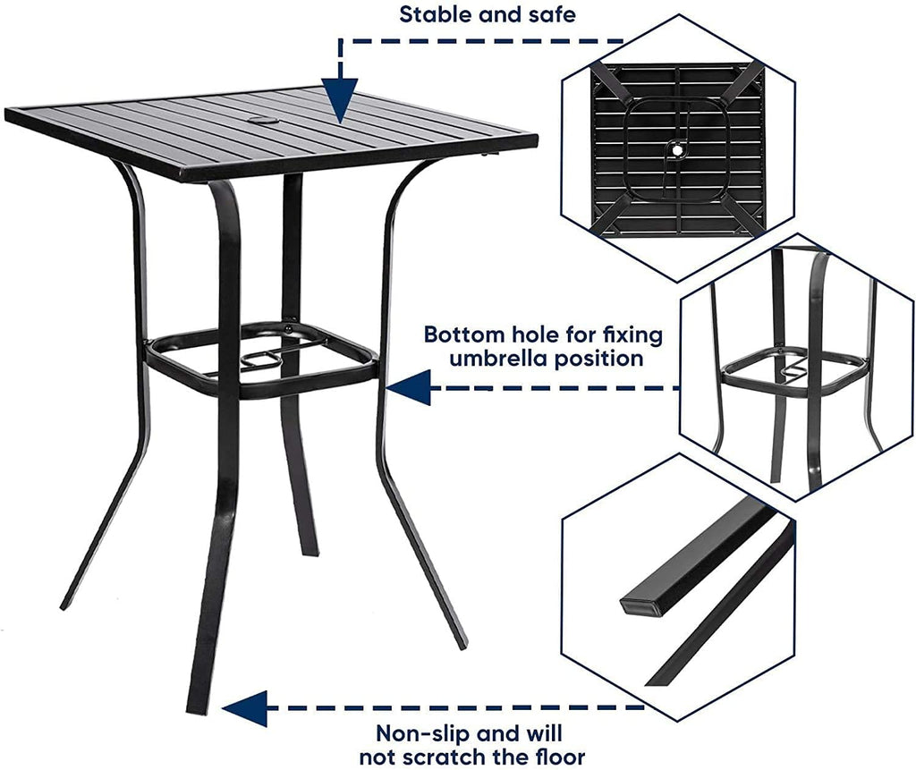 Patio Bar Table, Outdoor Bar Height Bistro Table with Umbrella Hole, Metal Frame and Slat Design (Black)