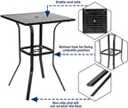 Patio Bar Table, Outdoor Bar Height Bistro Table with Umbrella Hole, Metal Frame and Slat Design (Black)