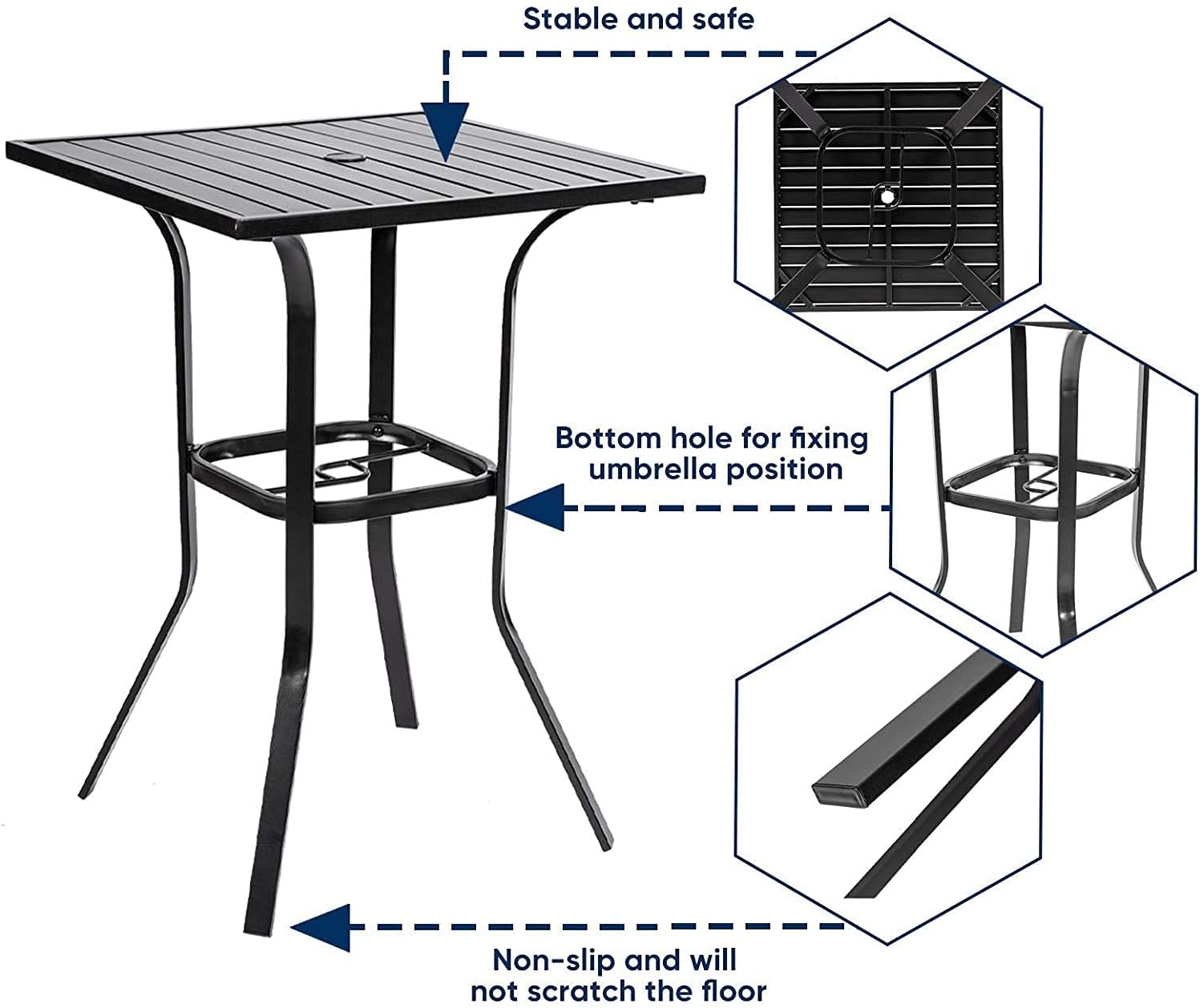 Patio Bar Table, Outdoor Bar Height Bistro Table with Umbrella Hole, Metal Frame and Slat Design (Black)