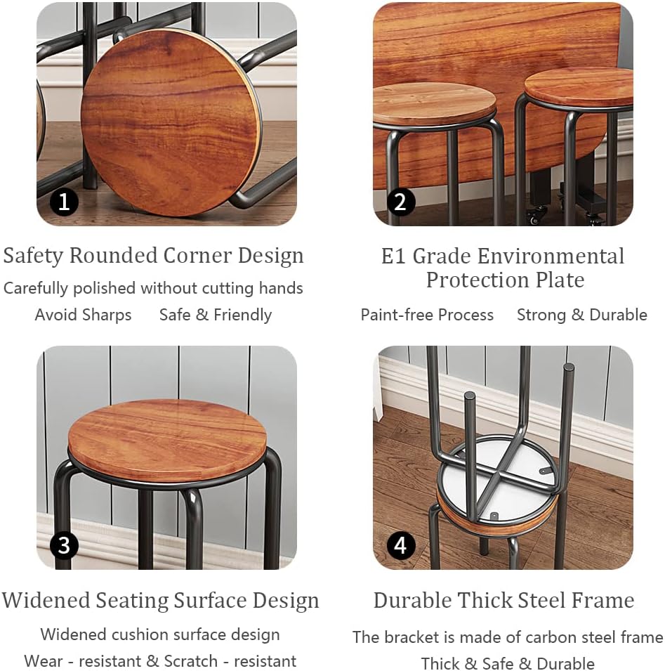 Stacking Stools Set of 4, 18" H Backless Round Wooden Top Portable Stackable Stools with Metal Frame (Brown)