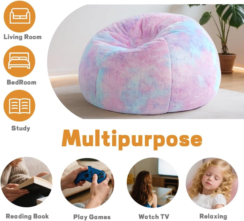 Modern Soft Fluffy Bean Bag Chair With Faux Rabbit Fur Cover, Memory Foam Bean Bag Chairs For Kids Teens, Furry Fuzzy Faux Fur Fabric Beanbag, Round Rainbow Plush Sofa For Bedroom, Living Room, Dorm