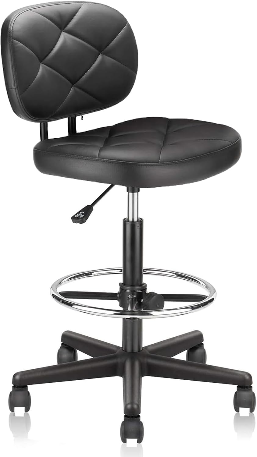 KLASIKA PU Leather Rolling Bar Stool with Wheels and Back, Tall Drafting Stool with Adjustable Height and Footrest, Multi-Purpose Office Desk Chair for Home Kitchen Shop Work, Black (1PK)