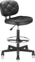 KLASIKA PU Leather Rolling Bar Stool with Wheels and Back, Tall Drafting Stool with Adjustable Height and Footrest, Multi-Purpose Office Desk Chair for Home Kitchen Shop Work, Black (1PK)