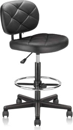 KLASIKA PU Leather Rolling Bar Stool with Wheels and Back, Tall Drafting Stool with Adjustable Height and Footrest, Multi-Purpose Office Desk Chair for Home Kitchen Shop Work, Black (1PK)