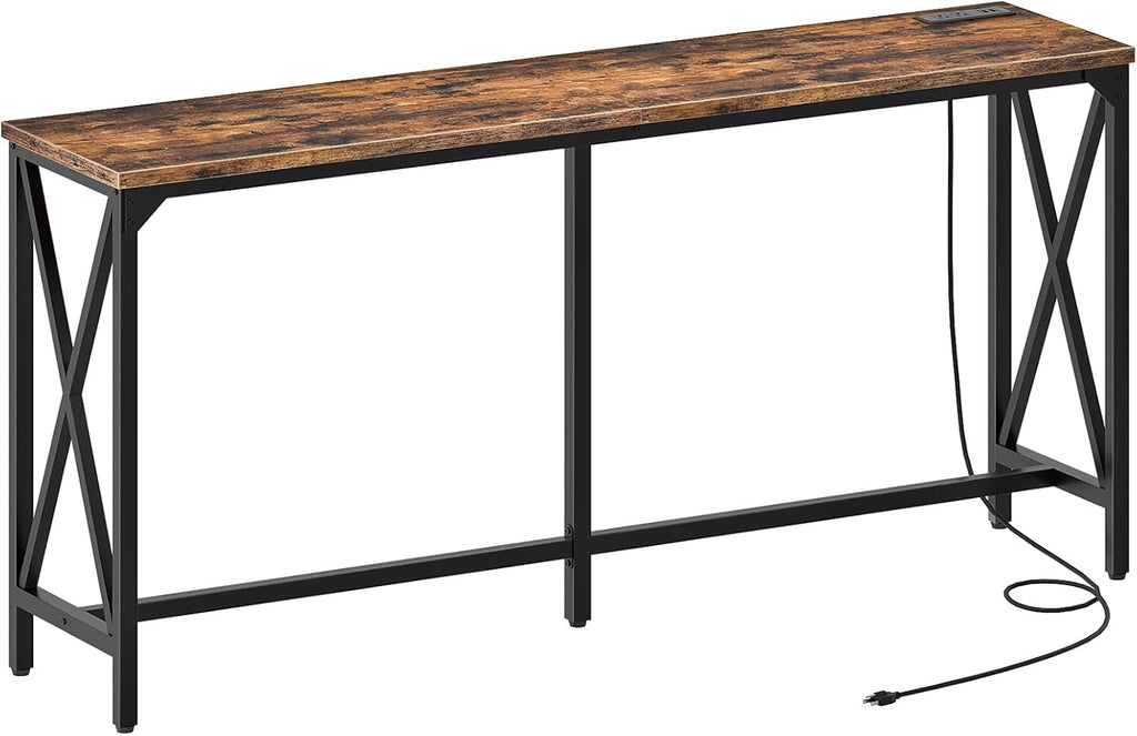 CHOEZON 70.9'' Bar Table, Kitchen Dining Table with Power Outlet and Footrest, Industrial Style, for Pub, Living Room, Rustic Brown and Black TBT08UBF