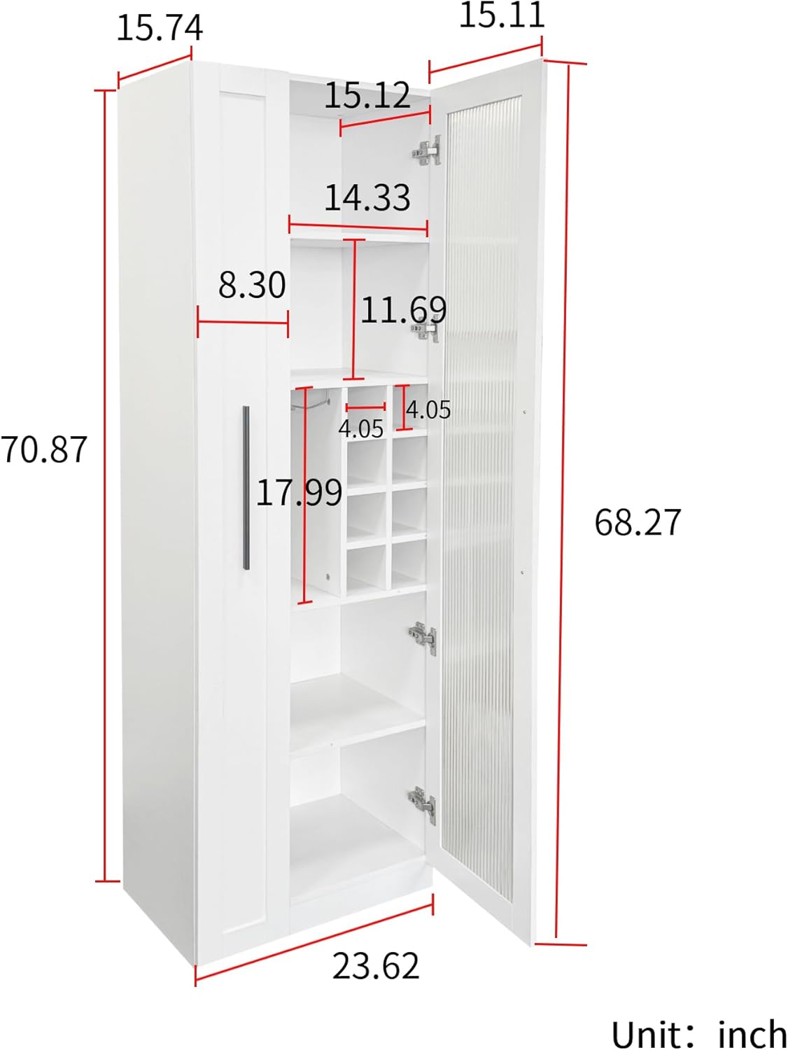 Kitchen Pantry Cabinet with Glass Door & Pull Out Shelves, 70.87" Tall Storage Cabinet with Wine Rack, Modern Farmhouse Pantry for Kitchen, Dining Room, Bar, Space-Saving Cabinet, White