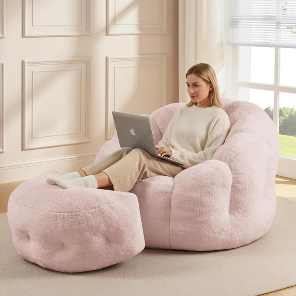 Pink Flower Bean Bag Chair with Ottoman, Fuax Fur Comfy Reading Chair for Bedroom, Fluffy Plush Floor Lazy Sofa for Living Room, Reading Nook