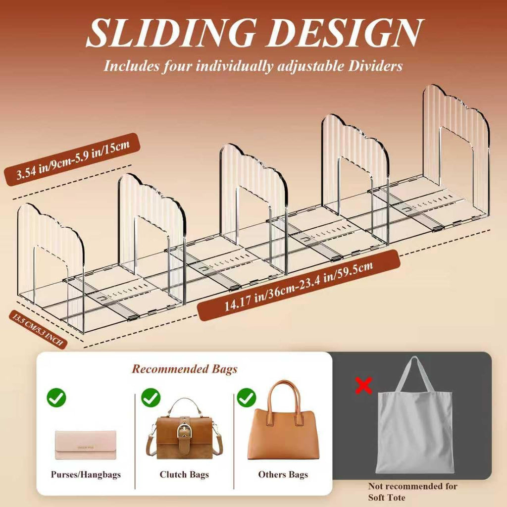 Clear Purse Organizer for Closet, Adjustable Purse Storage Handbag Storage Shelf Dividers, 2 Set Plastic Clutch Dividers for Closet Organizers Perfect for Purse Handbag Books