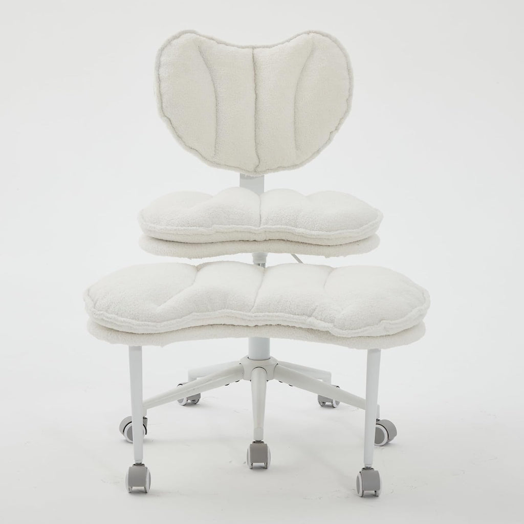 Cross Legged Office Chair with Wheels–360°Swivel Meditation Chair, Adjustable Height Yoga Office Chair for Adults, Ergonomic Kneeling Chair with Back Support for ADHD,Teddy Fabric Ivory