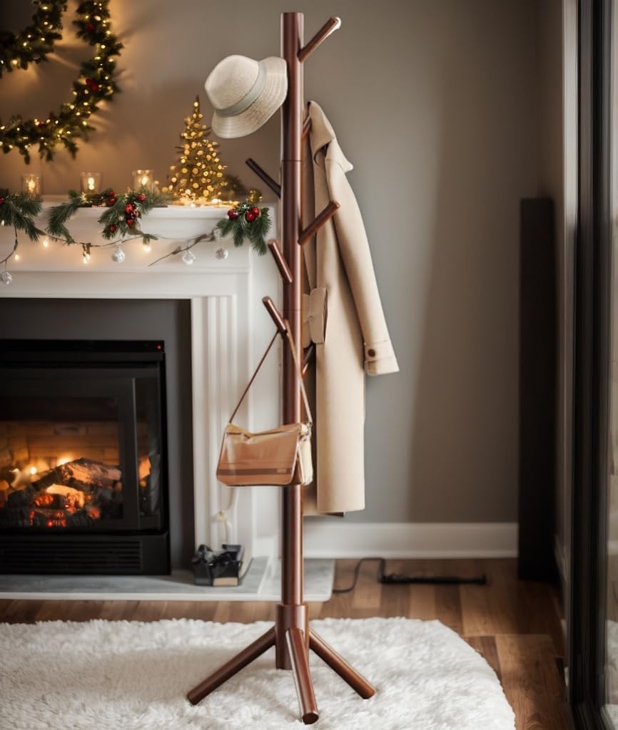 Pipishell Solid Wooden Coat Rack Freestanding, Hall Tree with 8 Hooks, 3 Height Options for Coats, Hats, Handbags, and Scarves, Tool-Free Assembly, Space Saving Design for Entryway, Office, Bedroom