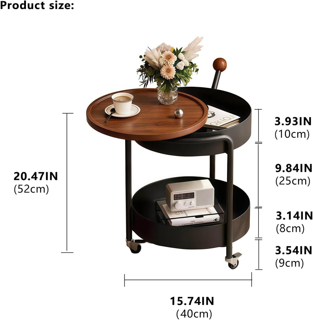 Mid-Century Modern Round Side Table, 2-Tier Mobile Sofa End Table with Rotatable Expandable Solid Wood Tabletop, Metal Frame Rolling Nightstand with Wheels for Living Room Bedroom，Black & Walnut