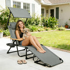 Folding Lounge Chair with Adjustable Canopy, Portable Sun Lounger with 4-Position Reclining Back, Outdoor Chaise Lounge with Arms, Tanning Chair for Beach Poolside Backyard Camping, 440LBS (Gray B)