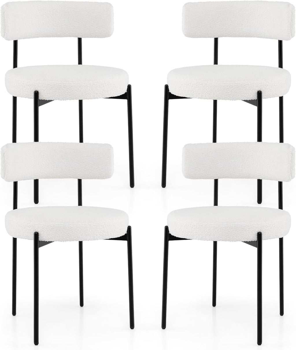 Giantex Sherpa Dining Chairs Set of 4, Upholstered Round Kitchen Chairs with Curved Backrest & Metal Legs, Modern Armless Side Chairs, White Boucle Accent Chairs for Dining Room, Living Room