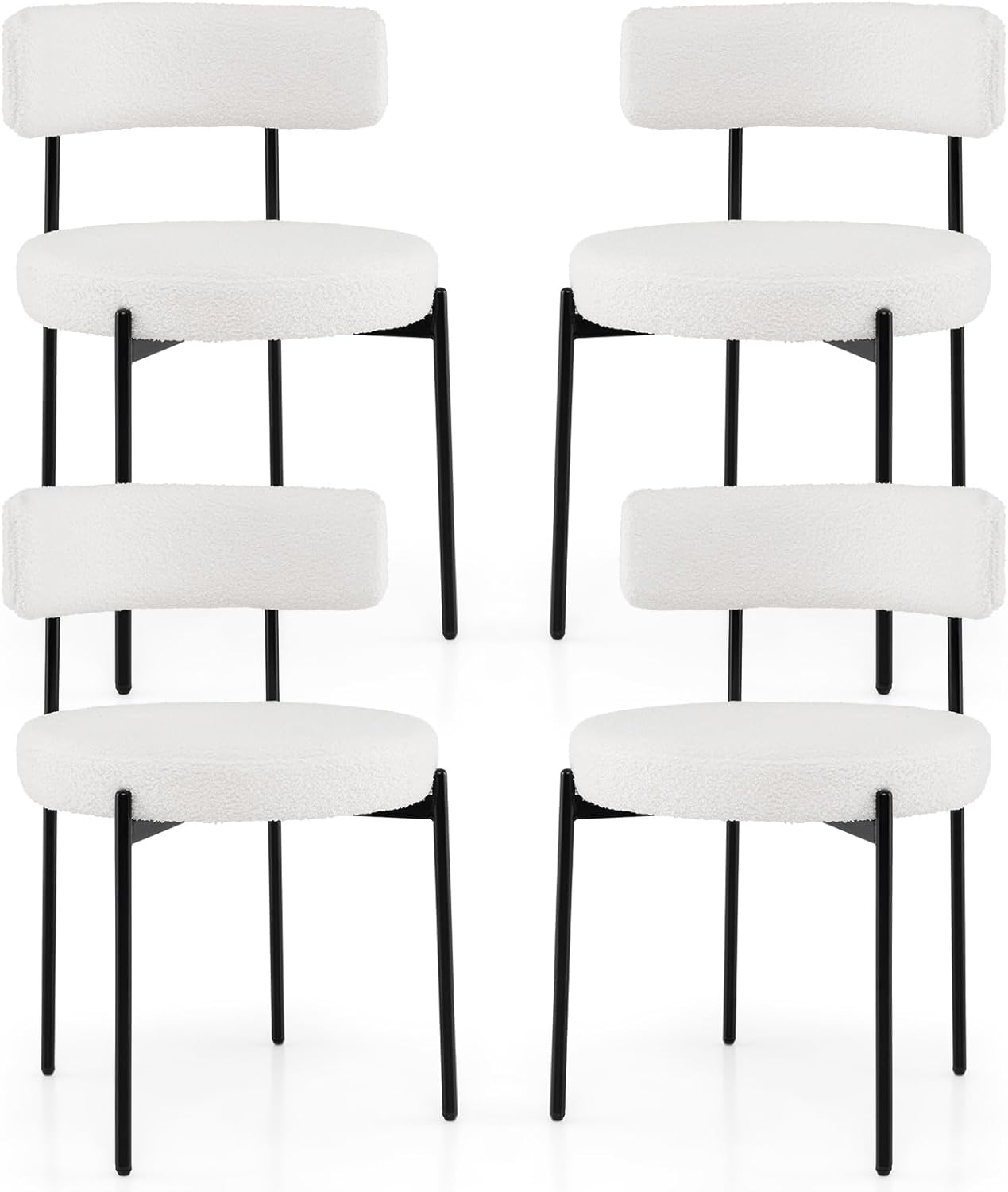Giantex Sherpa Dining Chairs Set of 4, Upholstered Round Kitchen Chairs with Curved Backrest & Metal Legs, Modern Armless Side Chairs, White Boucle Accent Chairs for Dining Room, Living Room