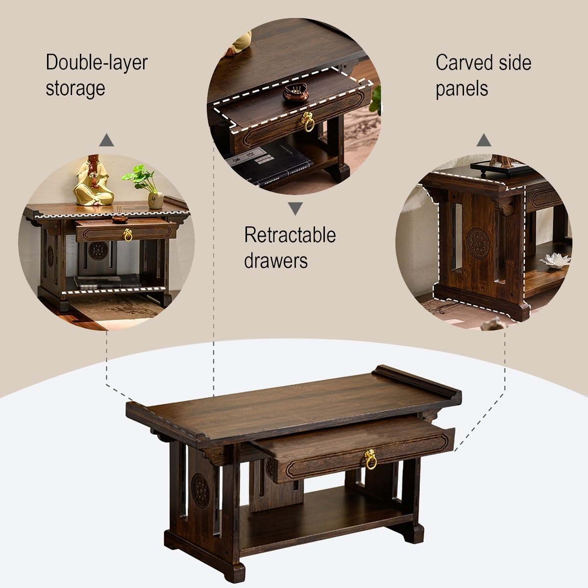 2-Tier Meditation Table, Personal Shrine Altar Cabinet with Retractable Pull Plate, Bamboo Prayer Table for Living Room, Bedroom, Office(19.6 * 9.8 * 11in)