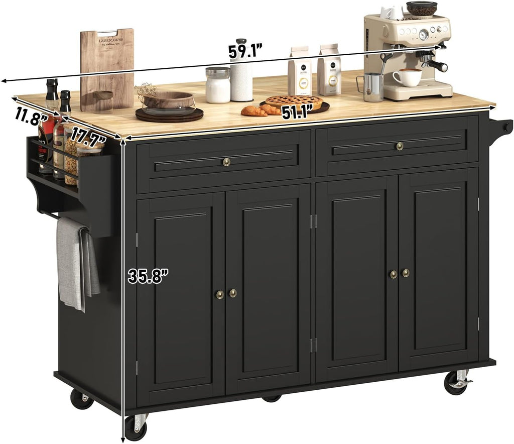 Gitua 59" W Rolling Kitchen Island with Drop Leaf, Movable Kitchen Carts on Wheels Island with Storage Cabinet&Charging Station, Island Table for Kitchen w/Rubber Wood Top, Rack, Hook, Drawers, Black
