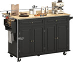 Gitua 59" W Rolling Kitchen Island with Drop Leaf, Movable Kitchen Carts on Wheels Island with Storage Cabinet&Charging Station, Island Table for Kitchen w/Rubber Wood Top, Rack, Hook, Drawers, Black