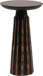 Modern Black & Walnut Wood Accent Table – Handcrafted Drum Pedestal Side Table for Living Room, Bedroom, or Office – Sleek Round Top with Textured Carved Base Black