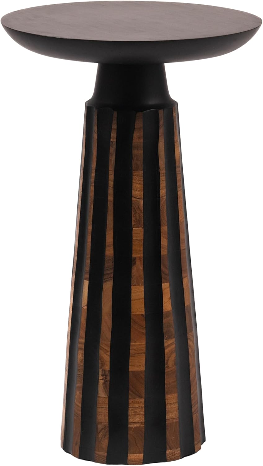 Modern Black & Walnut Wood Accent Table – Handcrafted Drum Pedestal Side Table for Living Room, Bedroom, or Office – Sleek Round Top with Textured Carved Base Black