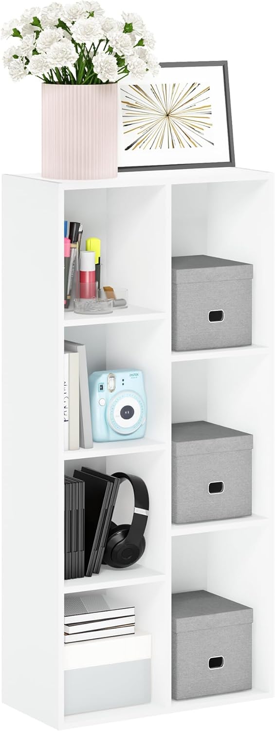 Furinno LUDER Book Shelf, 7-Cube Bookshelf, Bookcase with Open Shelves, 9.4 x 19.5 x 41.7, Easy Assembly, for Living Room, Bedroom, Home Office, Plain White