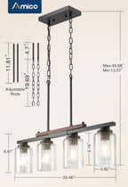 Amico Dining Room Light Fixture 4-Light Kitchen Island Lighting with Adjustable Rods, Farmhouse Decor Black Metal & Wood Chandelier with Seeded Glass Shade, Island Lights for Kitchen