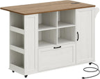 51" Kitchen Island with Storage & Drop Leaf, Farmhouse Rolling Kitchen Island on Wheels with Power Outlet, Spice Rack,Portable Island Table with Drawer & Cabinet for Kitchen, White