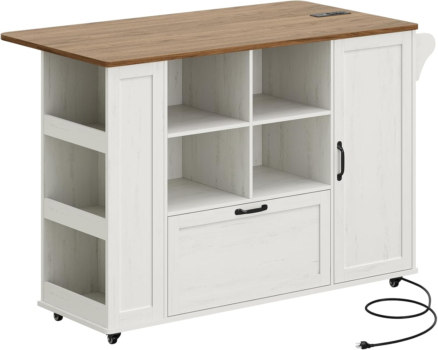 51" Kitchen Island with Storage & Drop Leaf, Farmhouse Rolling Kitchen Island on Wheels with Power Outlet, Spice Rack,Portable Island Table with Drawer & Cabinet for Kitchen, White
