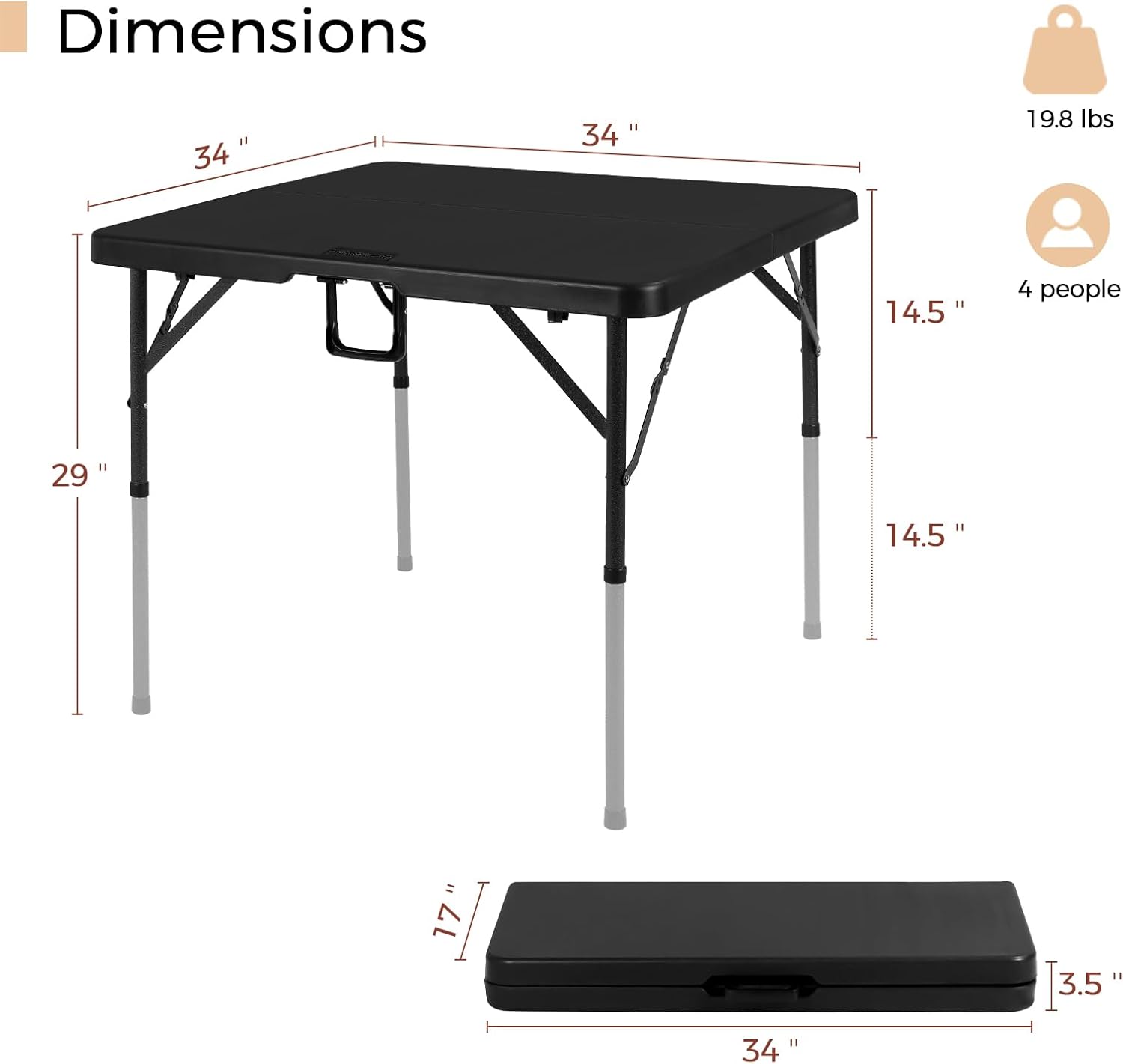 pollilar 34" Folding Card Table Square Foldable Table Plastic Portable with Detachable Legs, Dual Height Adjustable, Heavy-Duty Indoor Outdoor Dining, Game, Picnic, Mahjong Tables-Black