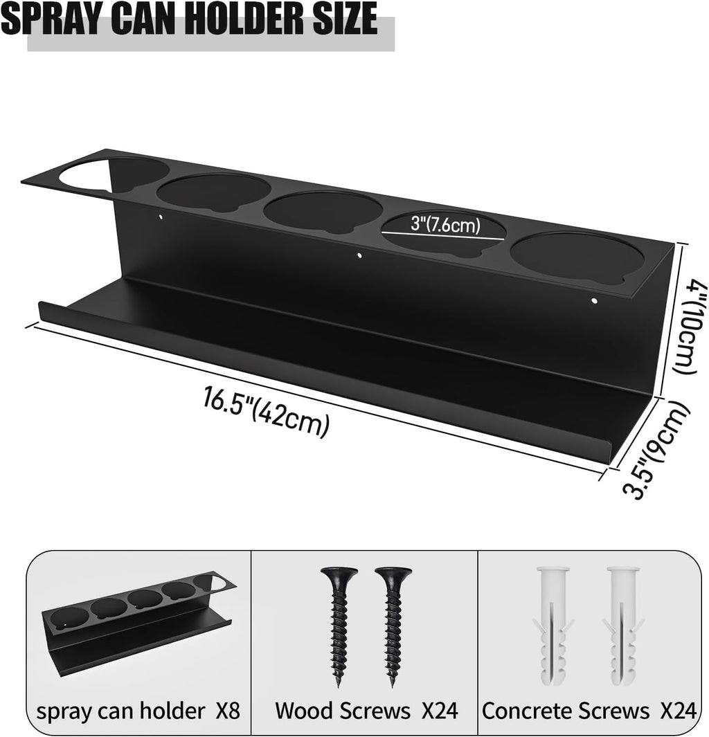 Riciakik 8 Pack Spray Bottle Holder Wall-Mounted, Aerosol Spray Can Holder Storage Rack, Heavy-Duty Paint Bottle Organizer with 40 Holes, Steel Black Spray Rack for Garage, Shop, Home or Tool Trailer